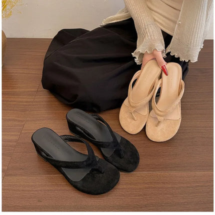 Vintage Summer Women Wedges Heel Slippers Outdoor Height Increase Dress Shoes Ladies Outdoor Beach Vacation Clip Toe Slides