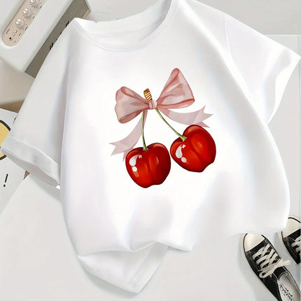 Girls' Casual Short Sleeve Round Neck T-Shirt Summer with Playful Fabric Casual Shirts for Girls Cherry Graphic Tee Comfortable