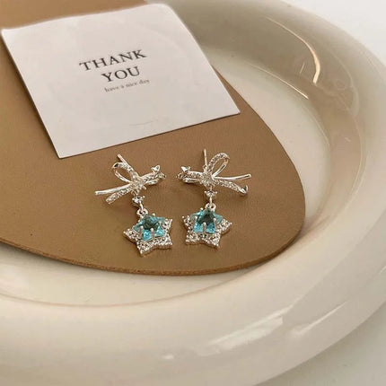 Kpop Y2K Blue Crystal Star Pendant Earrings for Women Exquisite Elegant Zircon Bowknot Pentagram Earrings Jewelry Birthday Gifts