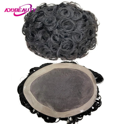 Men Toupee Human Hair Fine Mono NPU Indian Human Hair Wigs for Man Afro Human Hair System 15mm Curly Hair Topper Natural Color