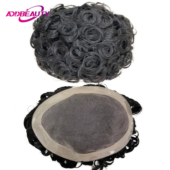 Men Toupee Human Hair Fine Mono NPU Indian Human Hair Wigs for Men Afro Human Hair System 15mm Curly Hair Topper Natural Color