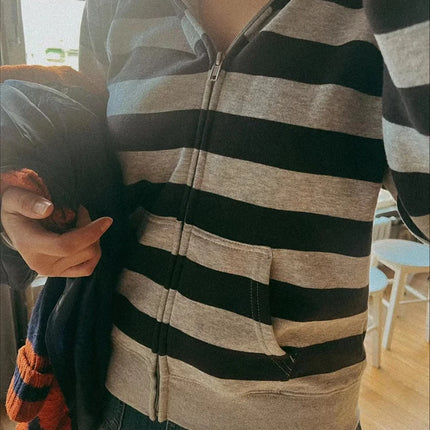 Striped Patchwork Zip-up Hoodie Autumn Cotton Pocket Drawstring Hooded Sweatshirt Women Y2k Streetwear Vintage Loose Tops Jacket