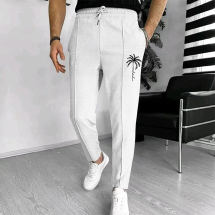 Men Waffle Knit Slim Fit Pants Drawstring Trousers With Pockets Stylish Design Spring Autumn Outdoor Travel Daily Street Wear
