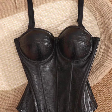 PU Leather Fishbone Strapless Bralette Tank Top Women's Sexy Slim Fit Summer Innerwear Outerwear Waist Cinching Bandeau