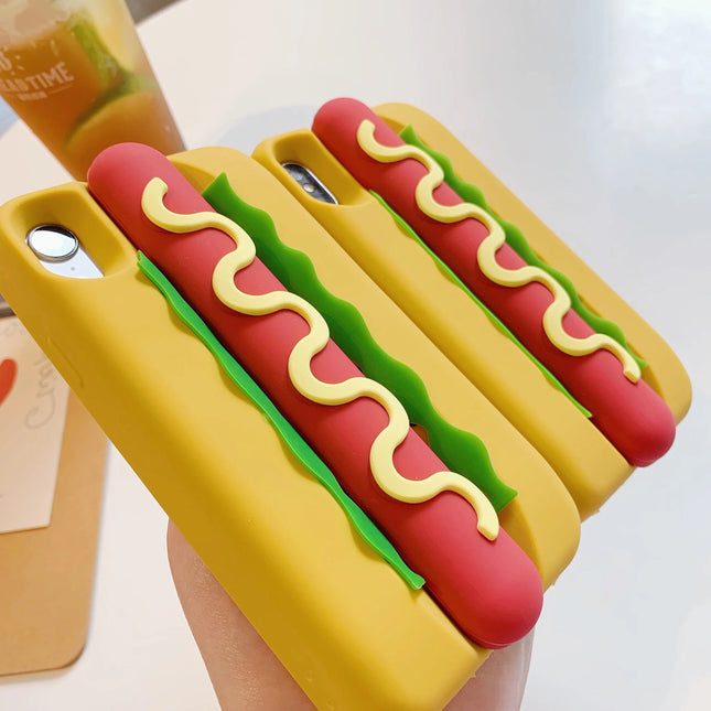 Cute 3D Hot Dog Silicone Phone Cover For iPhone Series 17 16 15 14 Soft Anti-drop Food Shape Protective Case Food Style Cover