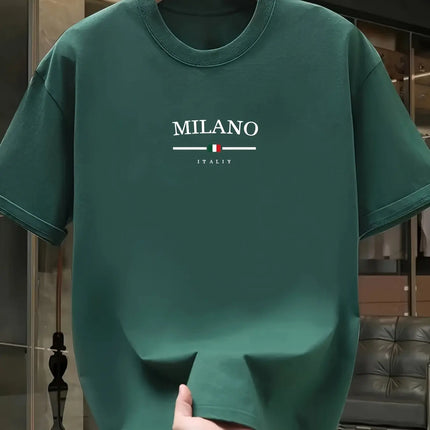 Men's 100% Pure Cotton Fashionable Casual Loose Italian Style Milan Letter Print Round Neck Short Sleeve T-Shirt Top