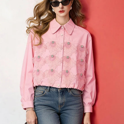 Women Cropped Lace Blouse Beaded Embellished Shirt Loose Fit Long Sleeve Fashion Shirt Top