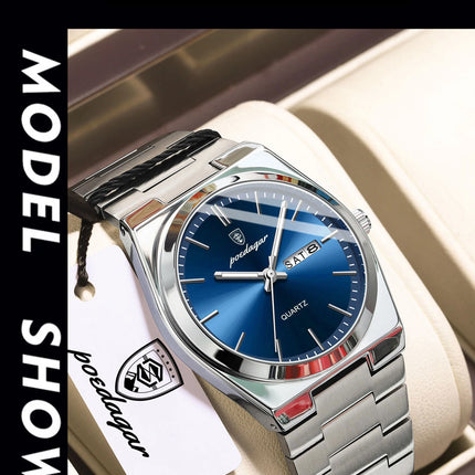 POEDAGAR Fashion Casual Men's Wristwatch Waterproof Luminous Date Week Men's Watches Stainless Steel Quartz Business Men Watch+Box