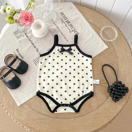 Korean-style summer baby girl polka dot bow jumpsuit, baby girl comfortable and cute sling jumpsuit, very suitable for home and