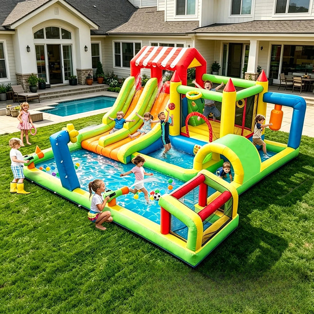 SkyBounce Inflatable Bounce House Triple Slides Water Guns Obstacle Course Soccer Goal And Basketball Hoop Summer Backyard Play