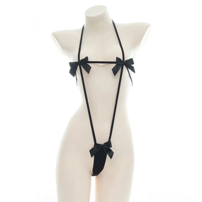NEW Lolita Kawaii Sexy Striped Straps Bikini Adult Cosplay Black Bow Mini Bikini Erotic Costumes Underwear Set