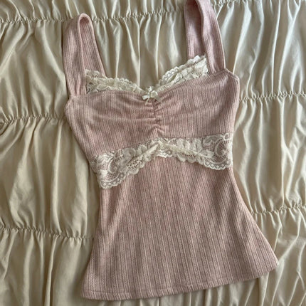 Summer Lace Patchwork Coquette T-shirt Ribbed Knit Slim Fit Milkmaid Tees Women Short Sleeve Y2k Grunge Crop Tops Aesthetic