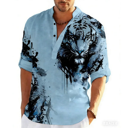 Spring and Autumn 3D Button Polo Shirt Graffiti Stand Collar New Casual Long Sleeved Polo Shirt