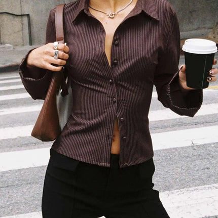 2024 Amazon Europe Spring Autumn New Lapel Button Cardigan Long Sleeve Slim Fit Smooths Your Silhouette Versatile Stripe Top