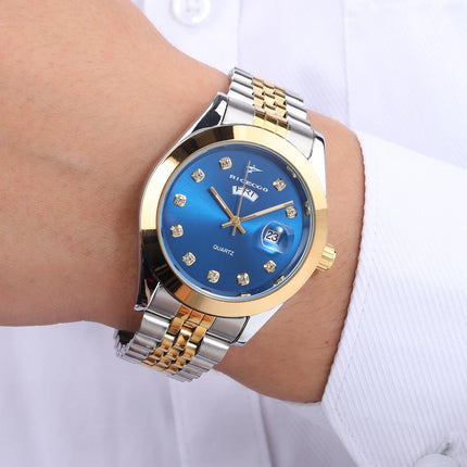 Men's quartz wristwatch with color blocked metal strap, diamond inlaid dial, dual calendar display design, light luxury texture,