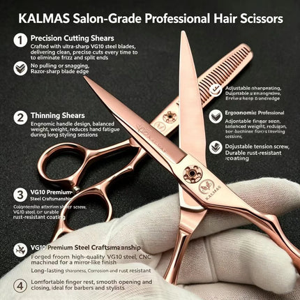 KALMAS Genuine VG10 Steel Rose Gold 6-inch Scissors Set, Suitable for Stylists' Hair Clippers with No Trace Teeth Clippers