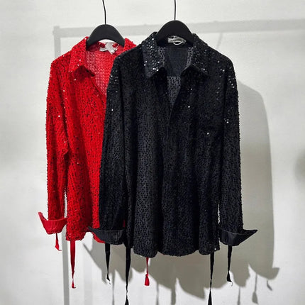 Spring Autumn Men's Sequins Shirt Solid Color Luxury Lapel Single Breasted Long Sleeve American Fashion Party Shining Shirts