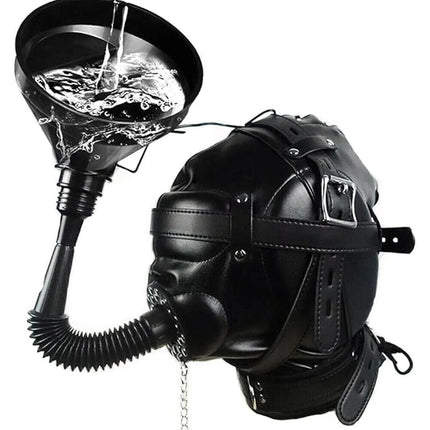 BDSM Bondage Headgear PU Leather Lockable Hood Mask with Openable Mouth Gag Funnel Sensory Deprivation Head Hood Sex Toy