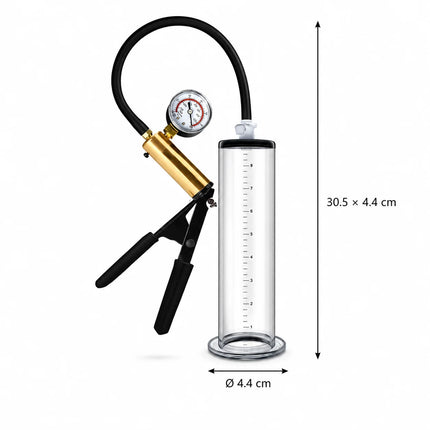 Male Acrylic Cylinder Vacuum Pump Sex Toy with Black Hose Metal Gauge Hand Pump and Man Masturbation Accessories