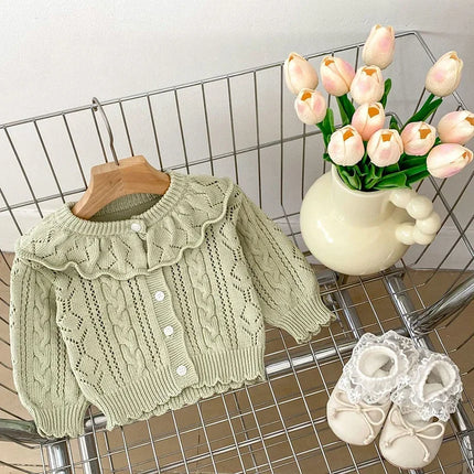 Autumn Knit Coat Baby Newborn Girls Sweater Cardigans Hollow Out Floral Ruffle Long Sleeve Girls Tops Coat Korea Girls Clothes