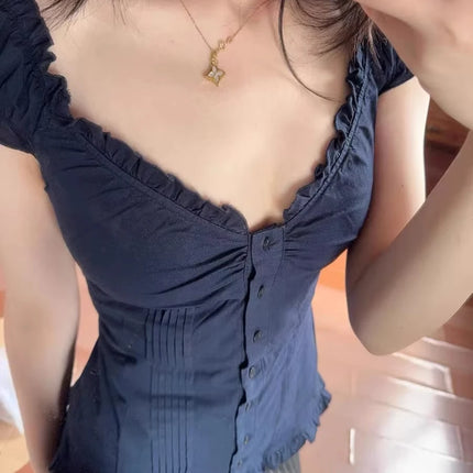 Blue Striped Folds Blouse Top Women New Casual Single Breasted Ruffle Sleeveless Tank Tops Vest Sweet Preppy Style Camisole Y2K