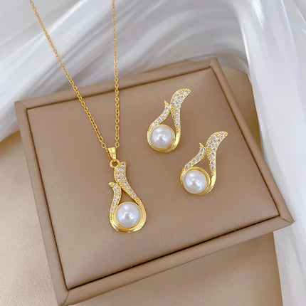 XIYANIKE316L Stainless Steell Necklace Earring Set For Women Pearl Zircon Water Droplet Design Personal Clavicle Chain Ear Studs