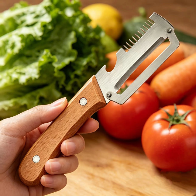 Wooden Handle Stainless Steel Peeler, Multi-Functional Kitchen Gadget for Fruit and Vegetable Peeling and Slicing, Durable & Smooth