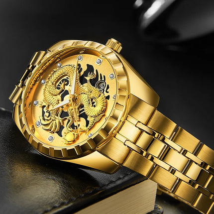 WLISTH Men's Watch 3D Golden Dragon Original Quartz Watch for Men Dragon Dial Waterproof Luminous Date Stainless Steel Watches