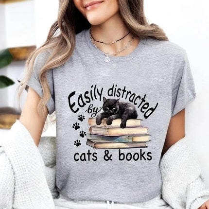 Cat Reading Design T-shirt, Women's and Girls' Sizes, A Perfect Gift for Book Lovers and Cat Owners - A Summer Book-themed T-shirt
