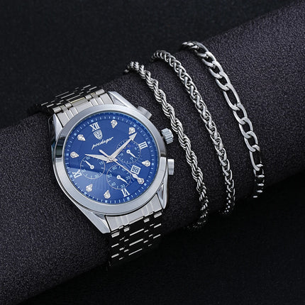 6 Pcs Set Men's Stainless Steel Watches Business Luxury Quartz Wristwatch Calendar Clock Casual Watch Necklace Bracelet Ring Set