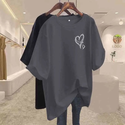 Summer 2025 New Elegant Love Print T-shirts Women Clothing Casual Loose Cotton Pullover Office Lady Basic Short Sleeve Top Tees