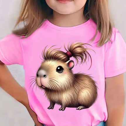 2026 Children's T-Shirt Cute Capybara Cartoon Print Casual Short-Sleeve Tee Summer Children Top O-Neck Fashion T-Shirt for Girls