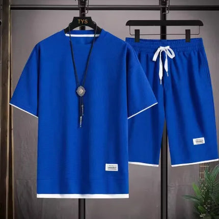 2026 new Summer Men's Waffle Sets Casual T-Shirt And Shorts Set Male Sports Suit Solid Color Tracksuit Loose Suits