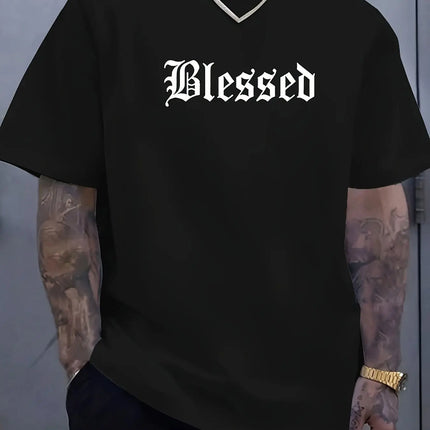 Men's summer 100% pure cotton fashionable casual loose Blessed letter pattern printed sports round neck short sleeved T-shirt