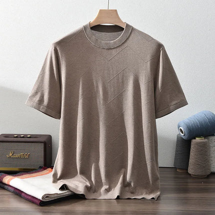 85% Silk + 15% Cashmere Men's T-shirt Casual Solid Color Knitted Pullover Short-Sleeved Round Neck Tees Basic Tops
