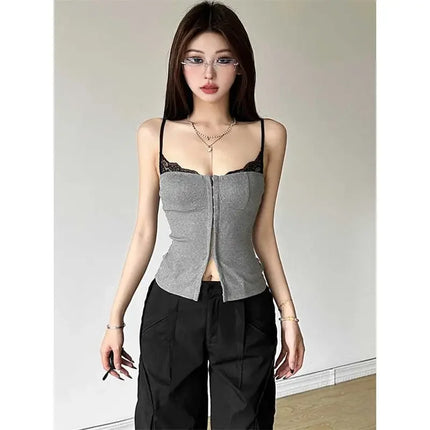 Gray Splice American Design Sensation Women's Slim Fit Tank Top Inner Wear Autumn Winter New Style Fashionable Small Audience To