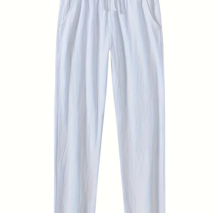 Summer Men's Casual White Linen Pants Elastic Waist Drawstring Loose Fit Beach Trousers