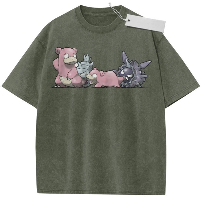 Unisex Washed Pink Vintage T-shirt Pokemon Slowbro Slowpoke Shellder High-quality Fabric for Home Leisure Travel Shopping