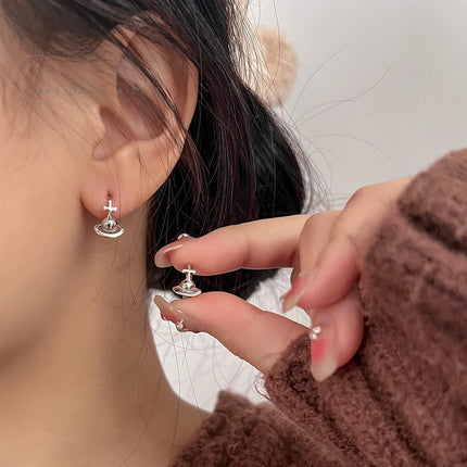 1Pair Korean Style Cross Cosmic Planet Saturn Stud Earrings Vintage Metal Earrings For Women Wedding Party Fashion Jewelry Gift