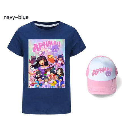 Anime Aphmau Tshit Kids Summer Clothes Baby Girls Cartoon T-Shirt + Sunhat 2pcs Set Boys Short Sleeve Casual Tops Children Tees