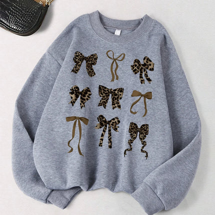 Retro Leopard Print Bow Printed Women Hoodies All-Match Fleece Casual Clothes Street Pullover Winter Autumn Woman Clothing