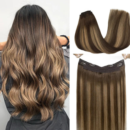 Wire Hair Extensions Real Human Hair Balayage Dark Brown to Chestnut Brown Invisible Transparent Remy Fish Line Hair Extensions
