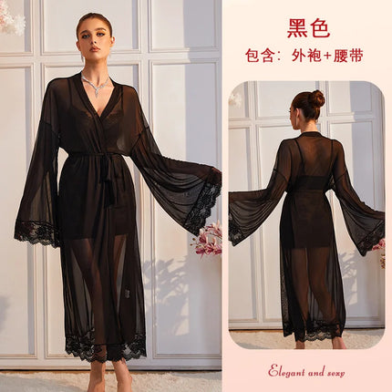 Sexy See-through Mesh Nightgown For Home Leisure Lace-up Cardigan Thin Bathrobe For Women Solid Color Dress Elegant M9ET