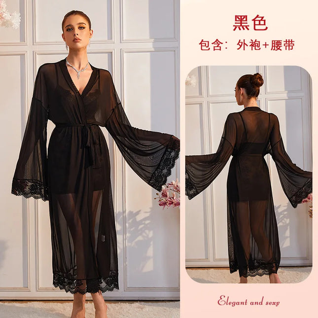 Sexy See-through Mesh Nightgown For Home Leisure Lace-up Cardigan Thin Bathrobe For Women Solid Color Dress Elegant M9ET