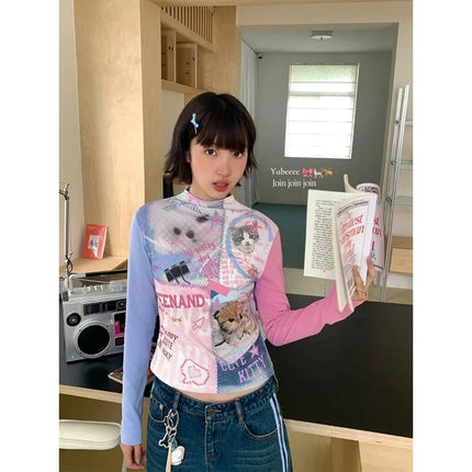 Y2k women clothing stitch Vintage Print Long Sleeve Tees Millennial  Dopamine T-shirt Fall Spice Girl Slimming Subculture Tops