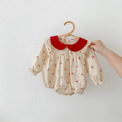 7397 Baby Princess Romper Cherry Printed Longsleeve Cotton Jumpsuit Baby Clothes Infants Outfit