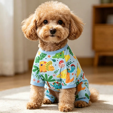 Cartoon Dinosaur Palm Leaf Print Dog Four Legged Pajamas Soft Cotton Pet Jumpsuit Breathable Medium Large Dog Loungewear
