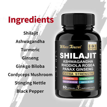 Shilajit Supplement, 8 in 1 Himalayan Shilajit Capsules for Men Women with Ashwagandha, Rhodiola Rosea, Panax, Ginseng 60 Count
