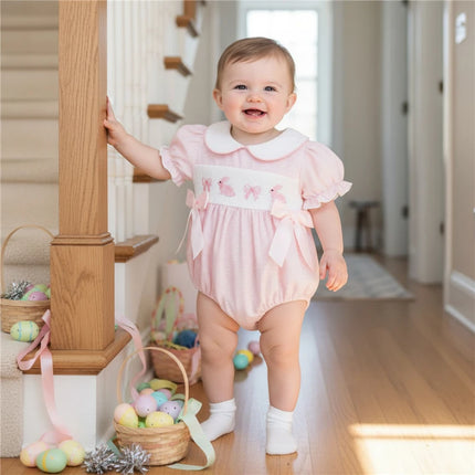 Baby Girls Easter Striped Romper Cute Bunny Embroidery Doll Collar Short Sleeve Jumpsuit Newborn Baby Girls Romper Clothes