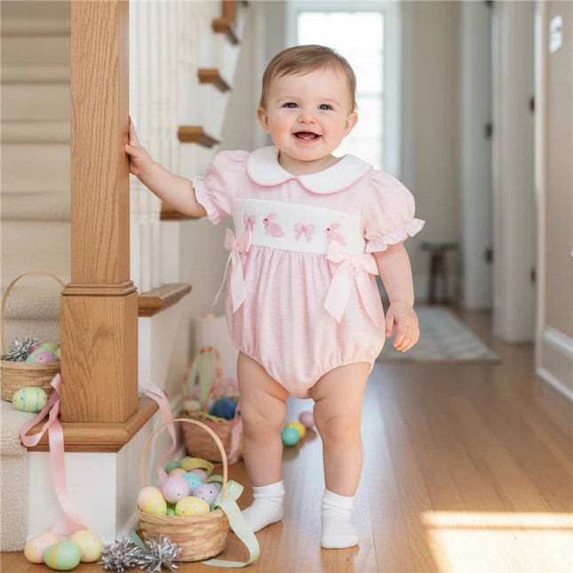 Baby Girls Easter Striped Romper Cute Bunny Embroidery Doll Collar Short Sleeve Jumpsuit Newborn Baby Girls Romper Clothes